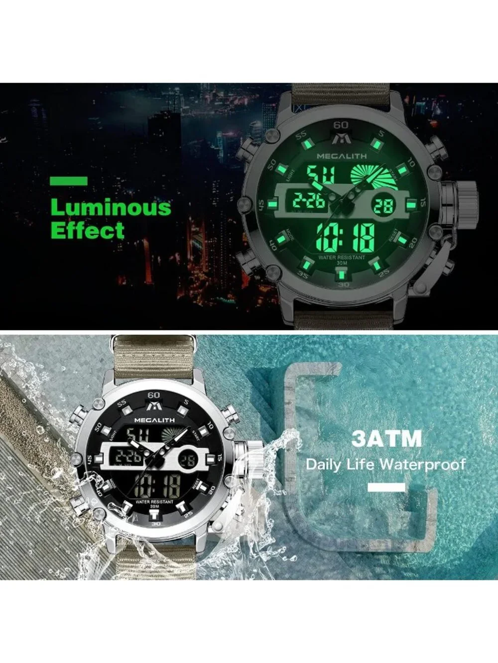 Men's Khaki Analog Quartz Nylon Strap Waterproof Multifunction Digital Watch